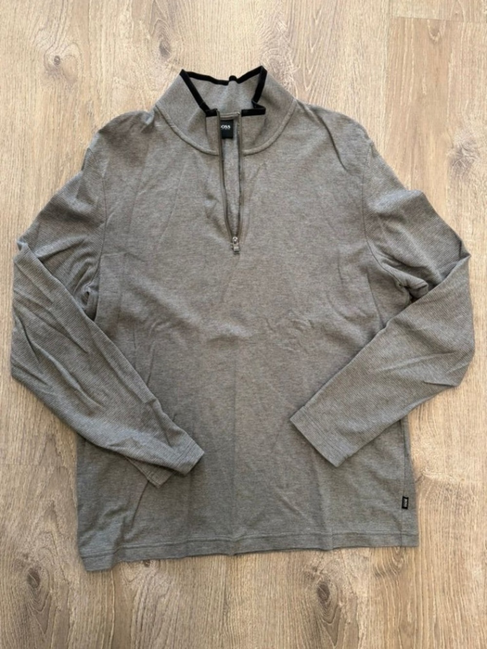 BOSS Hugo Boss Quarter-Zip Ribbed Knit Sweater Grey Black Trim Large